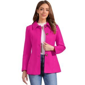 Winter Overcoat Single Breasted Point Collar Pea Coat Hot Pink